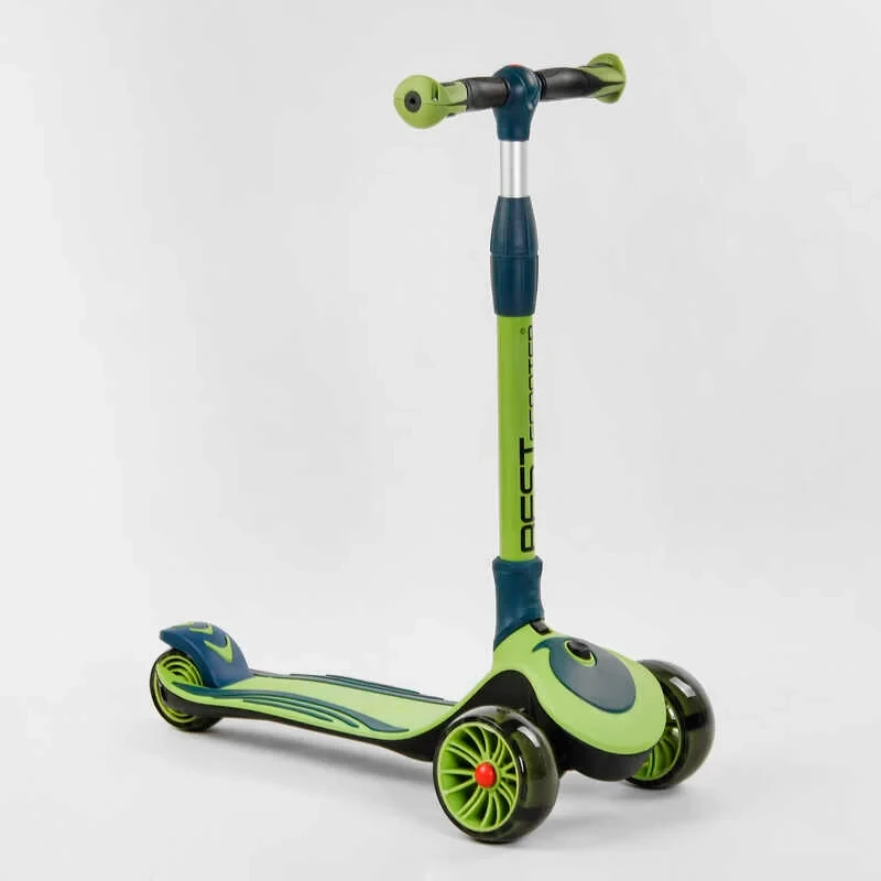 Самокат триколісний дитячий Best Scooter салатовий складаний алюмінієвий кермо колеса PU зі світлом