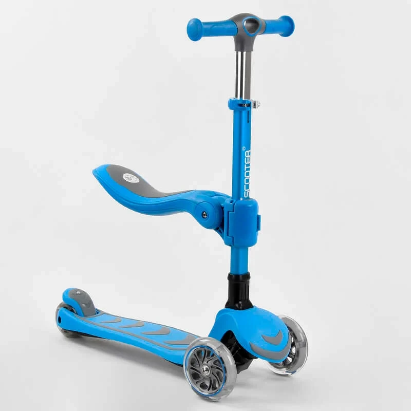 Самокат із сидінням Best Scooter синій складаний алюмінієвий кермо колеса PU зі світлом