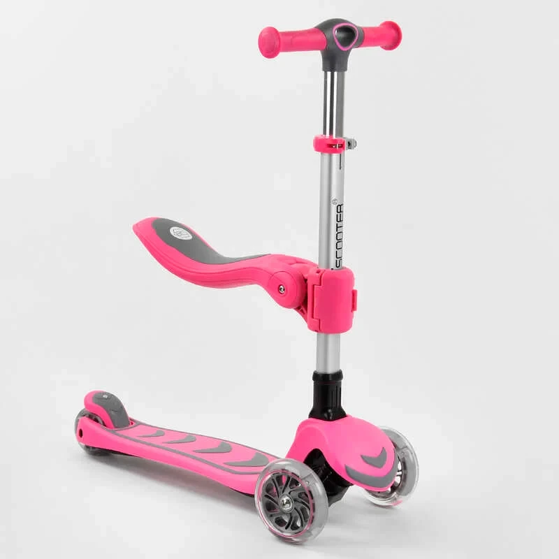 Самокат з сидінням Best Scooter рожевий складаний алюмінієвий кермо колеса PU зі світлом
