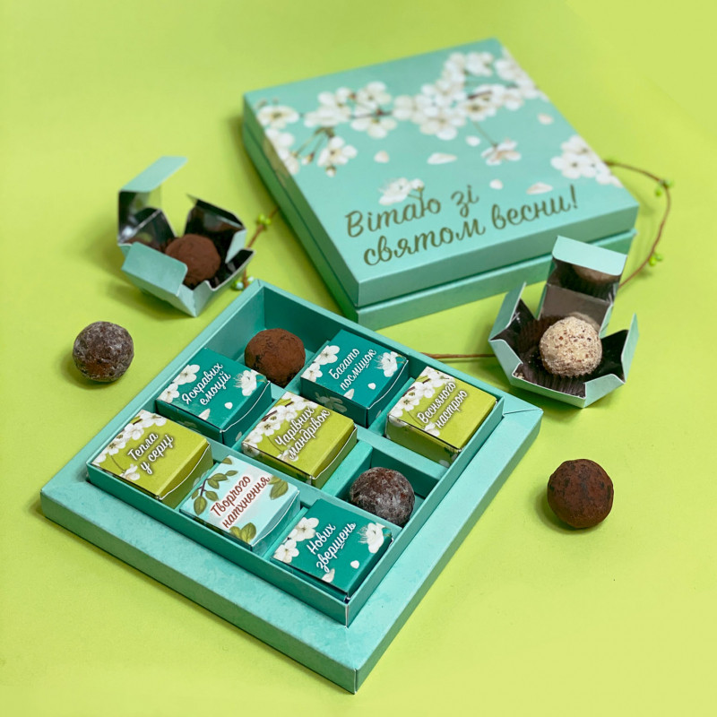 Шоколадний набір трюфелей Зі священної весни з компліментами, вага 110 грамів, фото 1