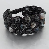 Широкий браслет у 3 ряди з натурального каменю Агат чорний із прожилками