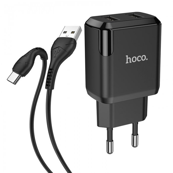 Зарядний пристрій 220 В 2 USB з кабелем USB — TYPE C Hoco N7 Speedy Чорний