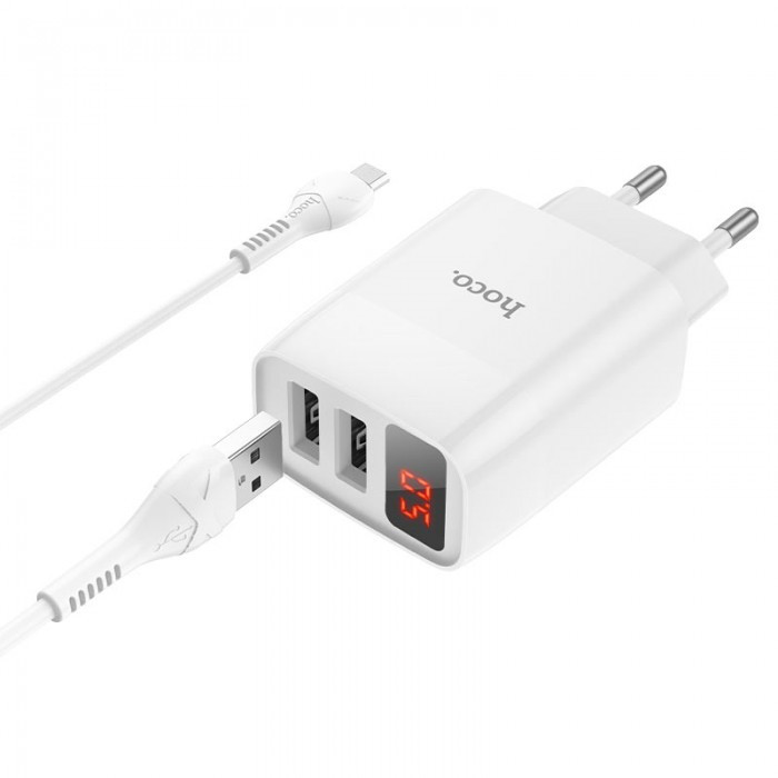Зарядний пристрій 220 В 2 USB з кабелем USB — Micro USB Hoco C86A Illustrious з екраном Білий