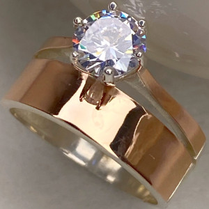 Срібне кільце подвійне з золотими накладками з фіанітом ПЛ-015, фото 1