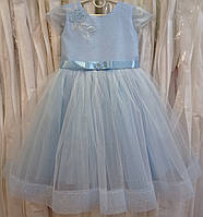 Блискуча блакитна ошатна дитяча сукня з коротким рукавчиком і вишивкою на 2-4 рочки