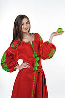 Плаття вишите "Бохо" максі, червоний 100% льон, зелена вишивка