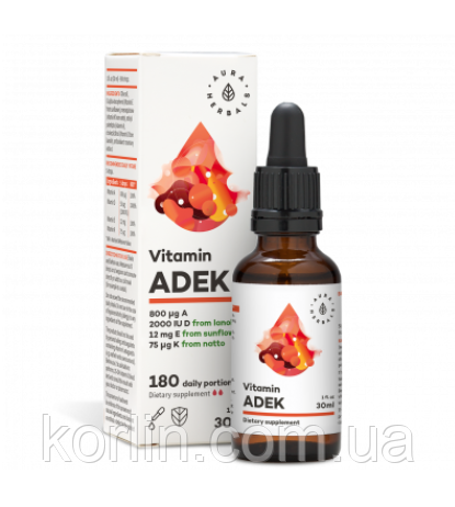 Вітамін А+Д+E+K 30 мл Краплі Aura Herbals Vitamin А+D+E+K Доставка з ЄС, фото 1