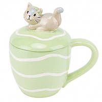 Зеленая чашка с объемным котиком 400 мл керамика