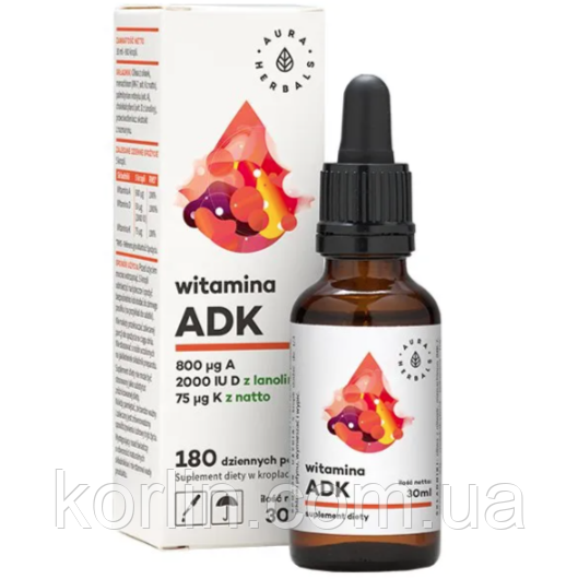 Вітамін А+Д+K 30 мл Краплі Aura Herbals Vitamin А+D+K Доставка з ЄС, фото 1