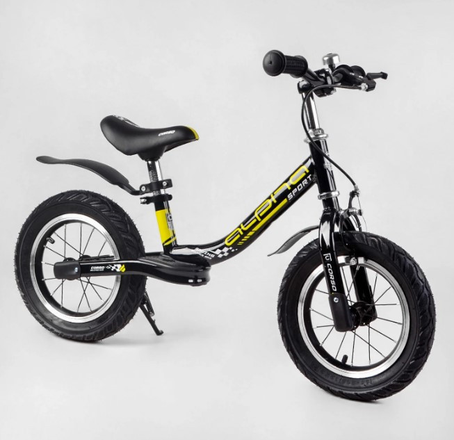 Велобіг для дитини від 2 3 4 років Corso Alpha Sport 10631 сталева рама, надувні колеса 12, ручне гальмо, підніжка