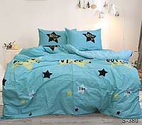Качественное сатиновое постельное белье цвет бирюзовый с принтом Звезды