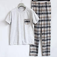 Мужской костюм футболка штаны в клетку для дома, серая хлопковая мужская пижама с короткими рукавами, Ладан 48
