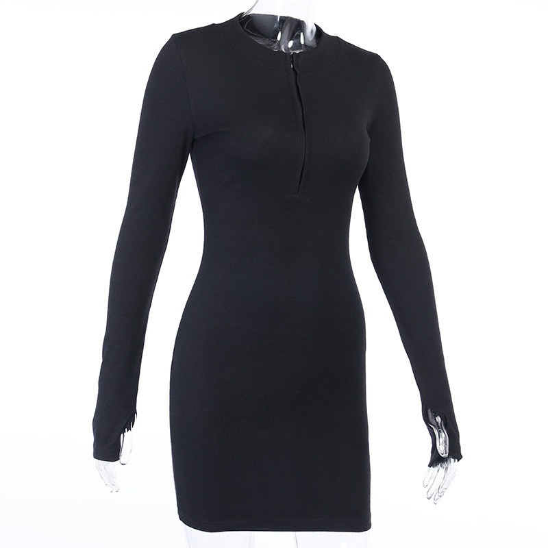 Трикотажное женское платье в рубчик. Облегающее платье мини на молнии с длинным рукавом, размер M (черный) - фото 7 - id-p1586770009