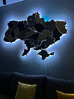 Деревянная карта Украины CraftBoxUA многослойная с подсветкой на акриле в серых тоннах 172х115 см