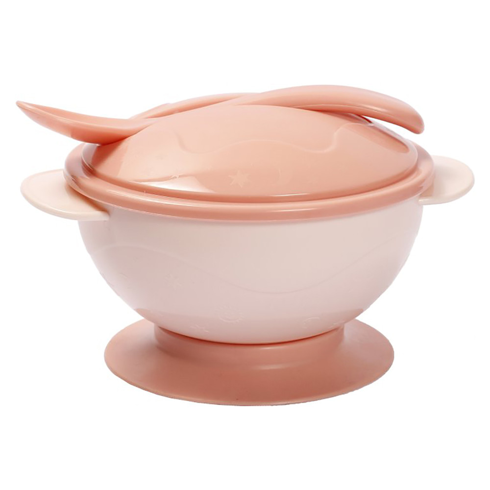 Тарілка на присосці з кришкою та ложкою рожева Lindo Рк 035 (4890211000359)