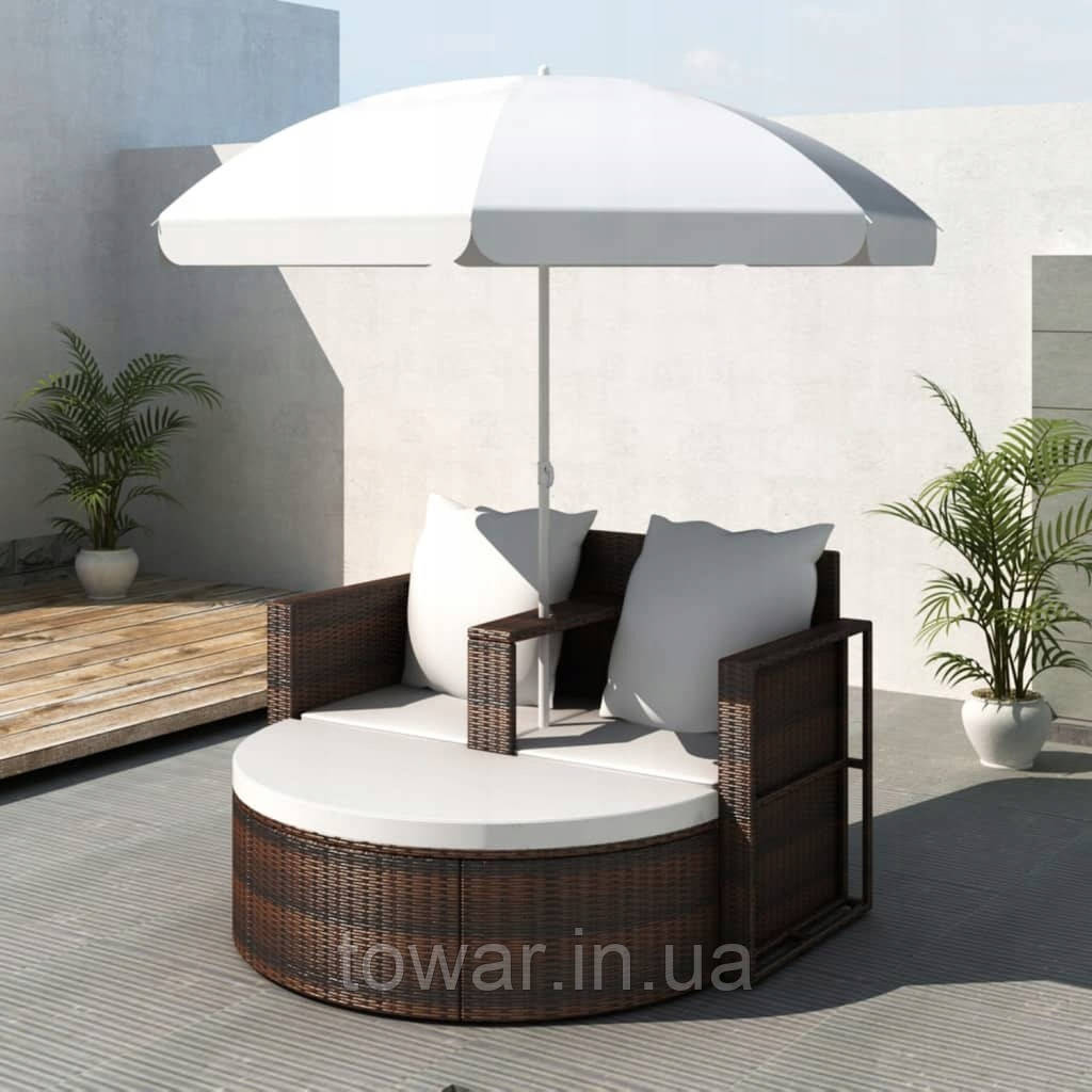 Садовый шезлонг диван ракушка из ротанга с зонтом, черный vidaXL - фото 1 - id-p1586851884