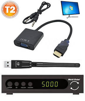 Тюнер Т2 (YouTube, Megogo) + адаптер VGA to HDMI (ТБ на моніторі) + Wi-Fi адаптер