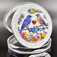 Серебряная монета Драгоценная Любовь Птиц с кристаллом сваровски приносит энергию роста
