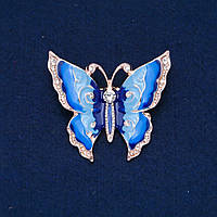 Брошка Метелик білі стрази, блакитна і синя емаль, золотистий метал 47х52мм + -