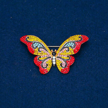 Брошка Метелик різнокольорові стрази, золотистий метал 35х58мм+-
