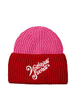 Шапка женская вязанная Victoria s Secret Colorblock Beanie. Красная с лого