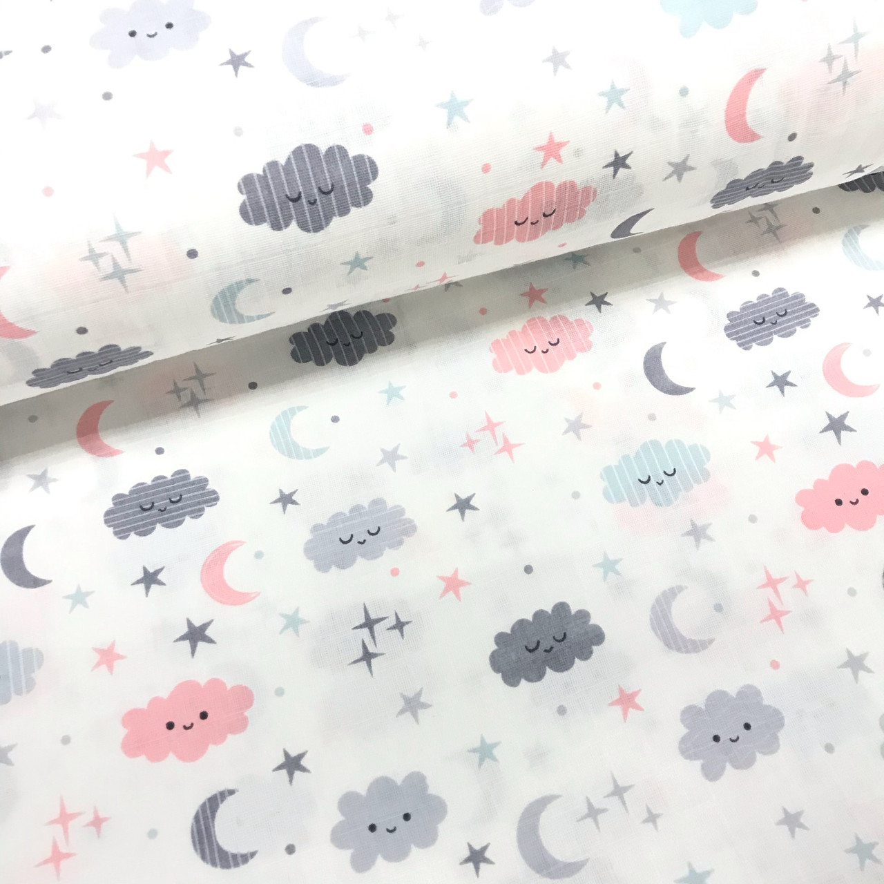 Тканина муслін Двошарова хмари, місяці, зірки сіро-пудрові на білому (шир. 1,7 м) (MS-S-0254), фото 1