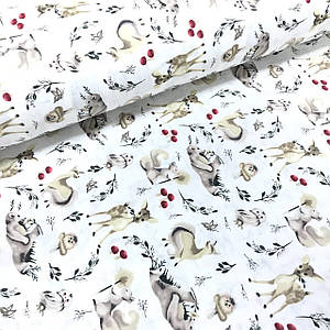 Тканина муслін Двошарова бежево-сірі тварини з квіточками та гілочками на білому (шир. 1,7 м) (MS-S-0211)