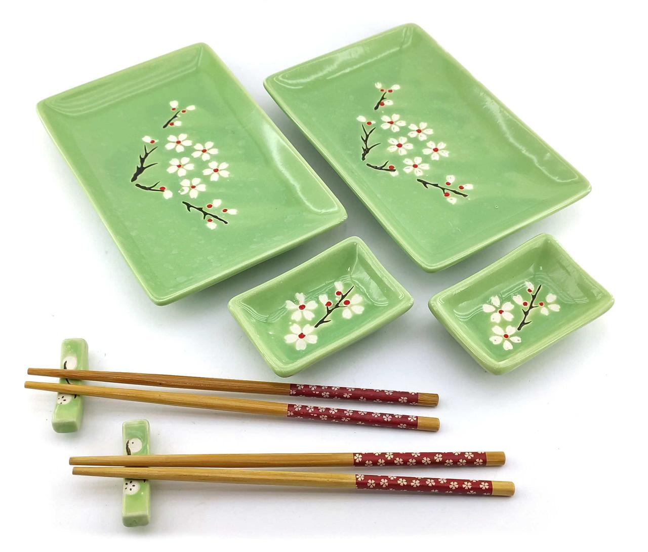 Сервіз для суші "Сакура на зеленому фоні" набір посуду на 2 особи (34280N2)