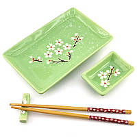 Сервіз для суші "Сакура на зеленому фоні" набір посуду на 1 персону (34280N)