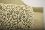 Жакардовий чохол на кутовий диван і два чохли на крісло з оборкою, натяжний, універсальний, пісочний, Venera, фото 3