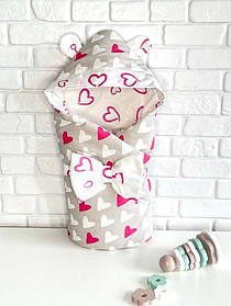 Конверт - ковдра Міккі демісезонна в серця для виписки та прогулянок Lari Рожевий з сірим