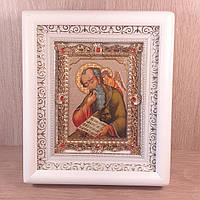 Икона Григорий Богослов святой, лик 10х12 см, в белом деревянном киоте с камнями