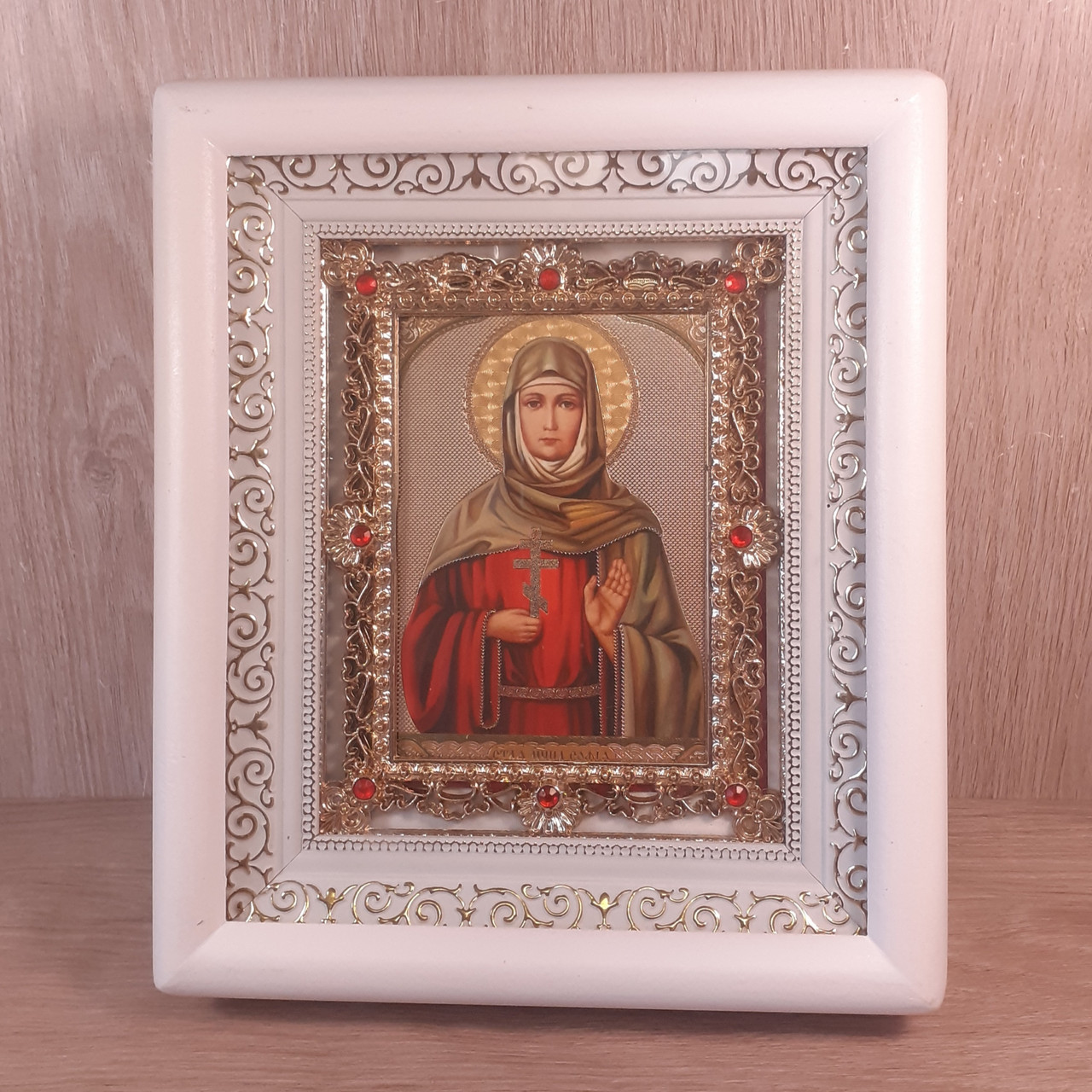 Ікона Софія свята мучениця, лик 10х12 см, у білому дерев'яному кіоті з камінням, фото 1