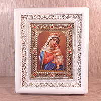 Икона Отчаеных единая надежда Пресвятая Богородица, лик 10х12 см, в белом деревянном киоте с камнями