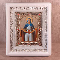 Икона Покрова Пресвятая Богородицы, лик 10х12 см, в белом деревянном киоте с камнями