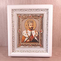 Икона Николай Александрович святой царь Мученик, лик 10х12 см, в белом деревянном киоте с камнями