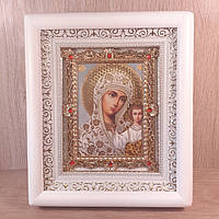 Икона Казанская Пресвятая Богородица, лик 10х12 см, в белом деревянном киоте с камнями