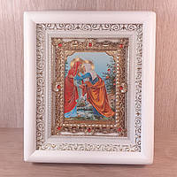 Икона Елизаветы Целование святой, лик 10х12 см, в белом деревянном киоте с камнями