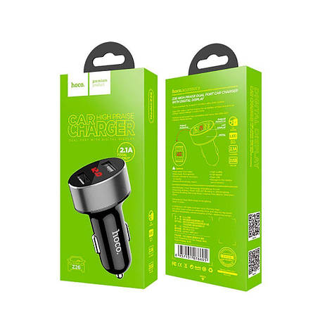 АЗУ Hoco Z26 2USB, 2.1 A в прикурювач автозарядка з дисплеєм Чорний, фото 2