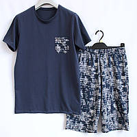 Мужской комплект футболка шорты для дома, летняя мужская пижама из 100% хлопка темная синяя, Ладан
