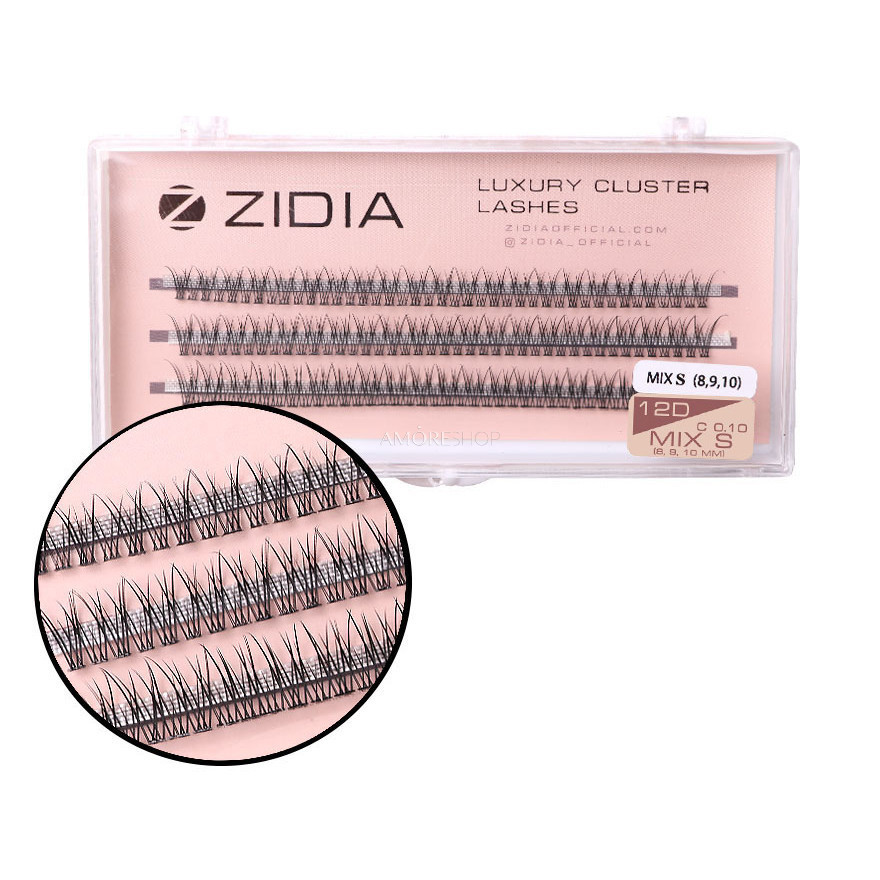 Zidia Cluster lashes fish tail 12D C 0,10 Mix S (3 стрічки, розмір 8, 9, 10 mm)