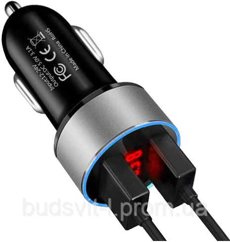 Зарядний в прикурювач USB + Вольтметр