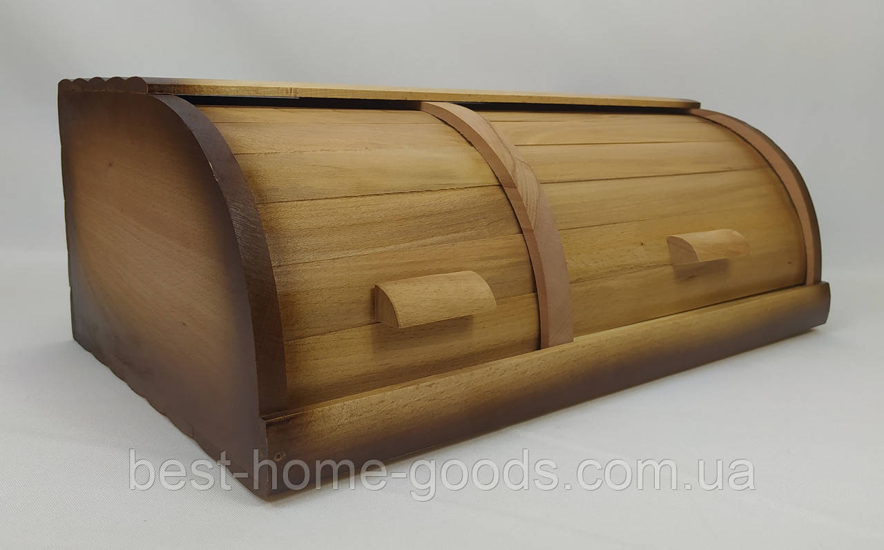 Дерев’яна хлібниця ручної роботи на два відділення, бук 44×27×17 см — світла з коричневим краєм, два секції для хліба та булочок, фото 1