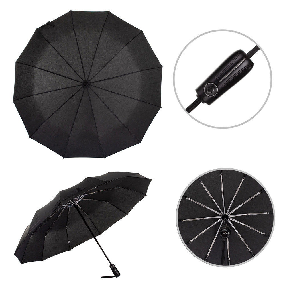 Парасолька чоловіча складана KAFA 12 спиць з великим куполом, повний автомат, система антивітер, чорний (3260), фото 1