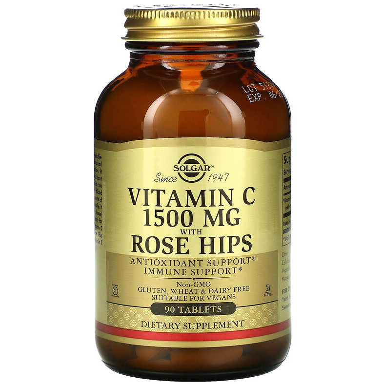 Вітамін С + шипшина SOLGAR "Vitamin C with Rose Hips" 1500 мг, підтримка імунітету (90 таблеток), фото 1