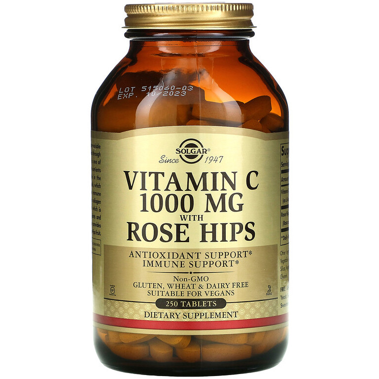 Вітамін С + шипшина SOLGAR "Vitamin C with Rose Hips" 1000 мг, підтримка імунітету (250 таблеток), фото 1
