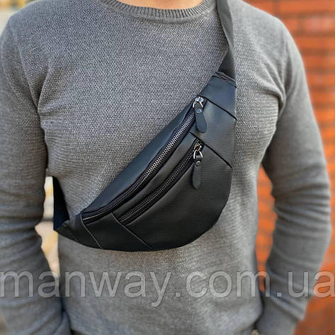 Чоловіча сумка бананок через плече, сумка на пояс і на груди з екошкіри чорна, фото 1
