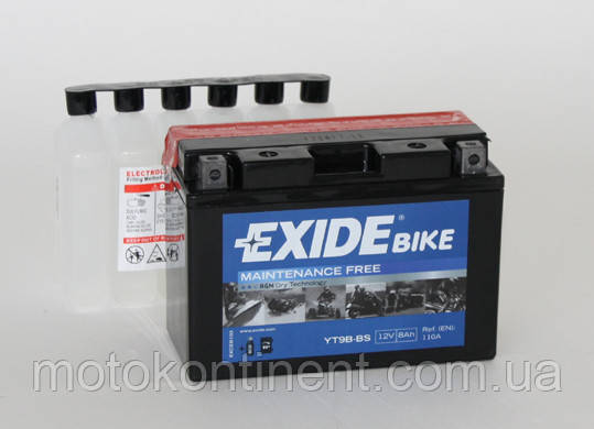 Акумулятор для мотоцикла сухозаряженный AGM 8Ah 110A EXIDE YT9B-BS=ET9B-BS 150x70x105, фото 1