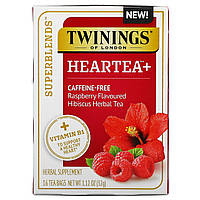 Twinings, Superblends, Heartea з вітаміном B1, малина, трав'яний чай з гібіскуса, без кофеїну, 16 чайних пакетиків, 32 г (1,12