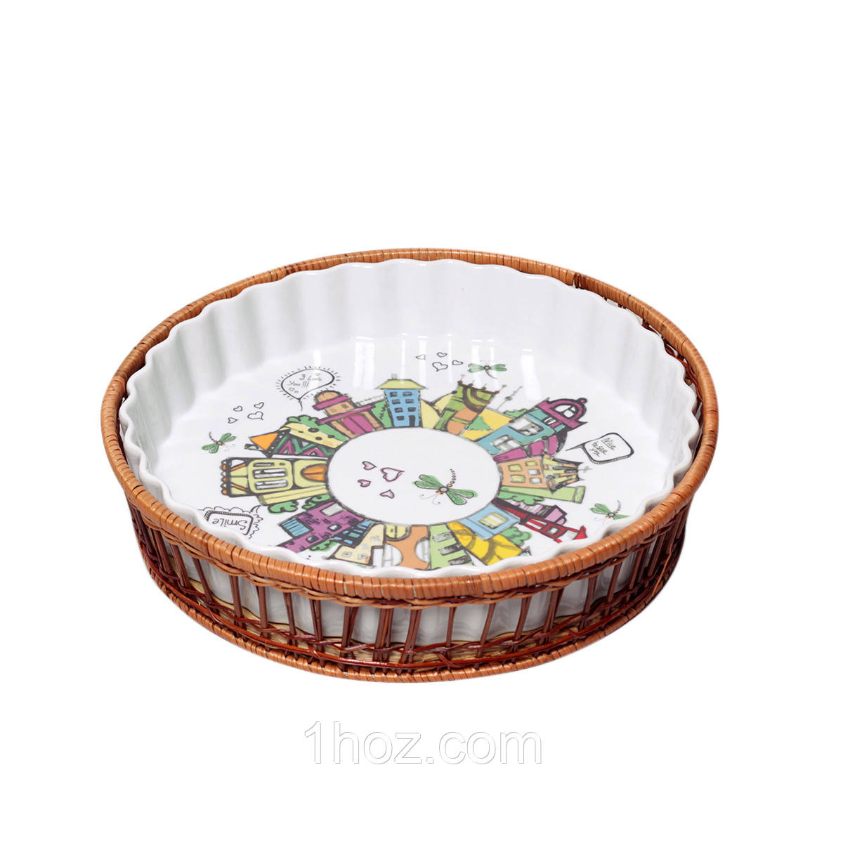 Форма кераміки для запікання 2.1л (29*29*5sм) кругла з ротанговим кошиком, фото 1